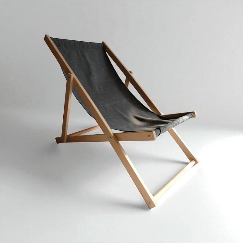 Wooden Folding Beach Chair, Outdoor Sling Chair with Beige Canvas, Portable Lounge Chair for Patio, Deck, Yard, Poolside, Beach, Balcony