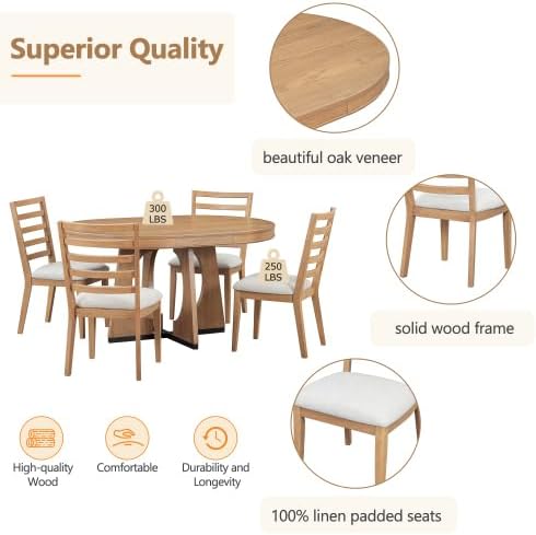 Bellemave Extendable Dining Table Set with 4 Upholstered Chairs, 5-Piece Round Kitchen Table Set with Removable Middle Leaf for Kitchen, Dining Room (Natural)
