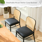 Rattan Dining Chairs Set of 4, Upholstered Faux Leather Dining Chairs with Cane Back, Mid Century Modern Kitchen & Dining Room Chairs, Boho Style, Black