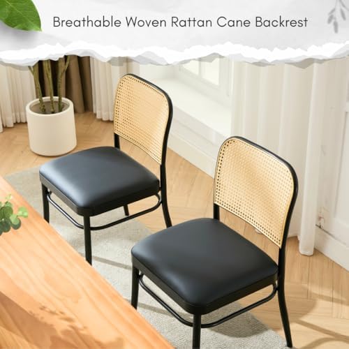 Rattan Dining Chairs Set of 4, Upholstered Faux Leather Dining Chairs with Cane Back, Mid Century Modern Kitchen & Dining Room Chairs, Boho Style, Black