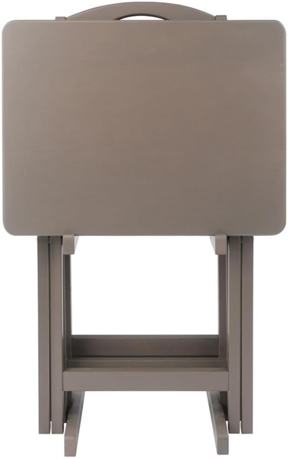 Pemberly Row Solid Wood 5-Pc Snack Table Set, Oyster Gray Finish, Rectangular Folding Tables with Storage Rack, Compact Design, 19.05 x 14.56 x 25.98 in, Durable Living Room or Home Use
