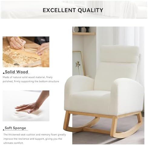 Indoor/Outdoor Recliner-Rocking Chair with Footrest, Headrest, and Side Pocket for Ergonomic Support in Nursery and Living Room,（Ivory）