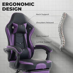 Gaming Desk Chair for Adults, Ergonomic Gaming Chair with Footrest & Headrest and Lumbar Support, Leather Material Height Adjustable Computer Video Game Chairs (Purple+Black)