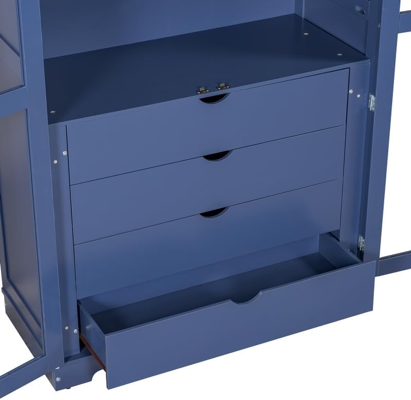 Polibi 44.7" Extra-Large Freestanding Storage Cabinet - Glass Door Display with 4 Drawers & Shelf, Multi-Functional for Kitchen Pantry & Dining Room, Blue