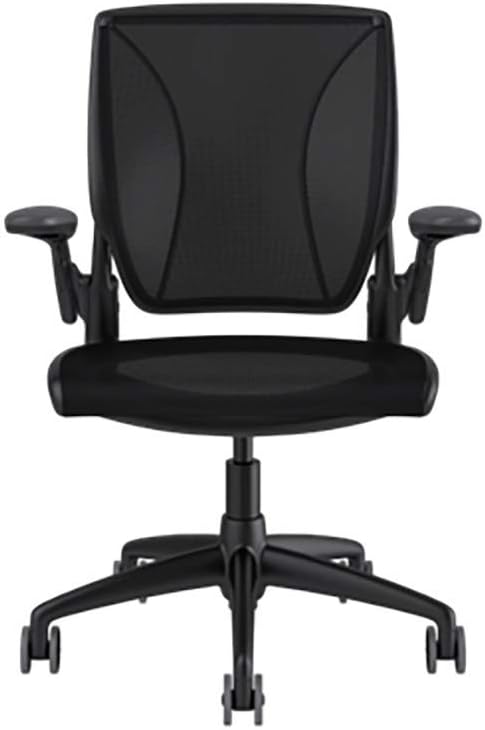 Humanscale Diffrient World Task Chair | Black Catena Mesh Seat and Back | Black Frame, Black Trim | Height-Adjustable Duron Arms | Standard Foam Seat, 3" Carpet Casters, 5" Cylinder