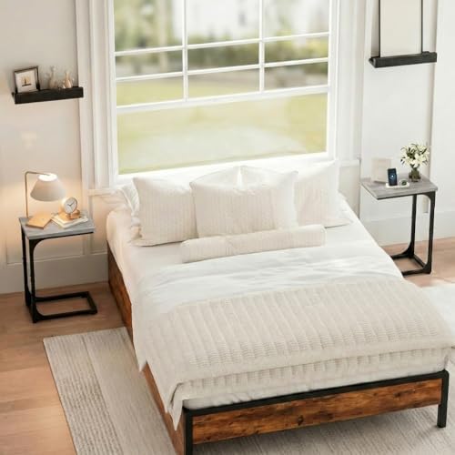 TEMI C Shaped End Table for Couch with Charging Station, Small Side Table TV Tray for Eating or Laptop, Accent Desk for Sofa or Chair, Space Saving Living Room Bedroom, Greige
