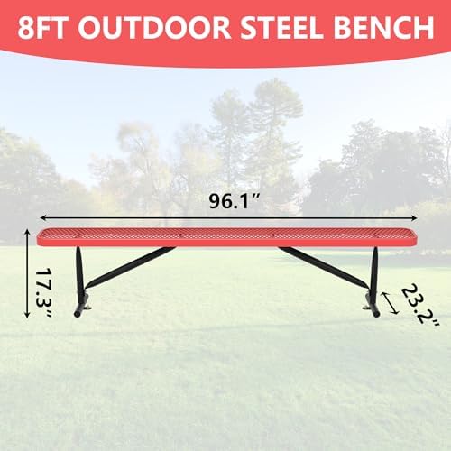 8 Feet Outdoor Steel Bench, Red Heavy Duty Metal Park Bench for Outside, Weatherproof Dock Bench, 96" L Commercial Benches Mesh Bench for Shopping Mall, Store, Lawn, Park, Patio, Deck, Garden