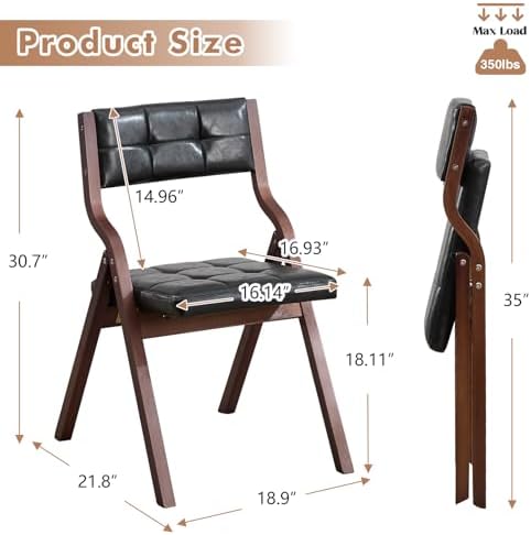 2-Pack Folding Dining Chairs with Cushion,Faux Leather Padded Foldable Dining Chairs,Portable Wooden Folding Chairs for Dining Rooms Kitchen Wedding and Party Indoor Black