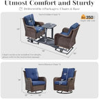 Rilyson Luxury Outdoor Wicker Glider Rocker Chairs for 4 Person, Outdoor Furniture Sets with 2 Piece Wicker Swivel Rocker Chairs, Rattan Glider Rocker Chairs with Table for 2 Seats Brown/Blue