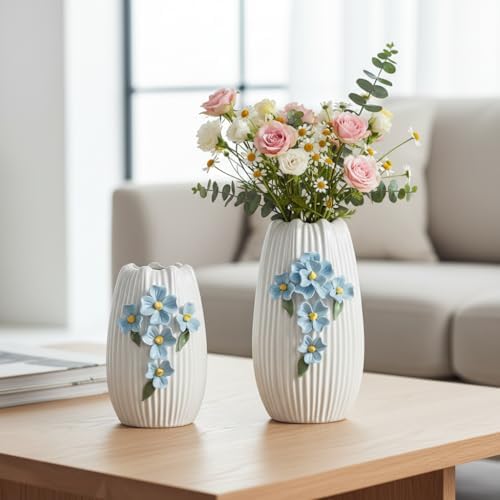 White Ceramic Vase - 7 inch Small Boho Vases Home Decor, 3D Floral Modern Vase for Pampas Grass, Centerpieces for Table, Kitchen, Living Room, Bathroom Decor