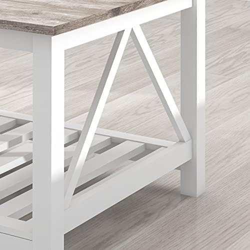 Farmhouse Coffee Table and End Table Set, Oak Grey Wooden Living Room Furniture with Slats Base, Oak Grey