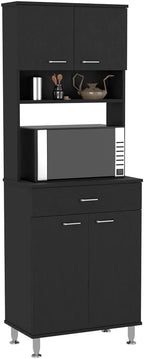 Black 67" H Pantry Cabinet, 4 Doors, 1 Drawer, Microwave Storage & 5 Shelves