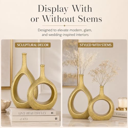 Brushed Gold Ceramic Vase Set 2,Modern Hollow Circle with Hole Flower Vase for Home Decor,for Table Centerpieces,Farmhouse,Fire Place,Living Room,Bedroom,Office,Bookshelf,Rustic Decor