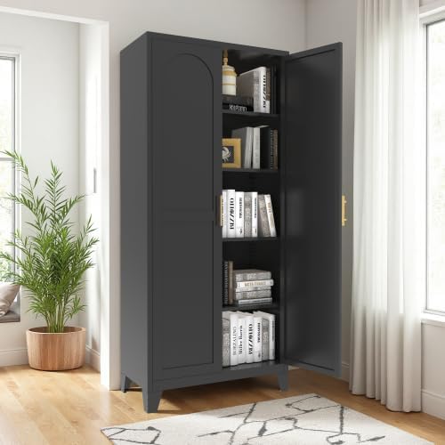 5-Tier Metal Pantry Cabinet, 71" Tall Storage Cabinet with Arched Doors & Adjustable Shelves, Steel Freestanding Utility Cupboard, Black