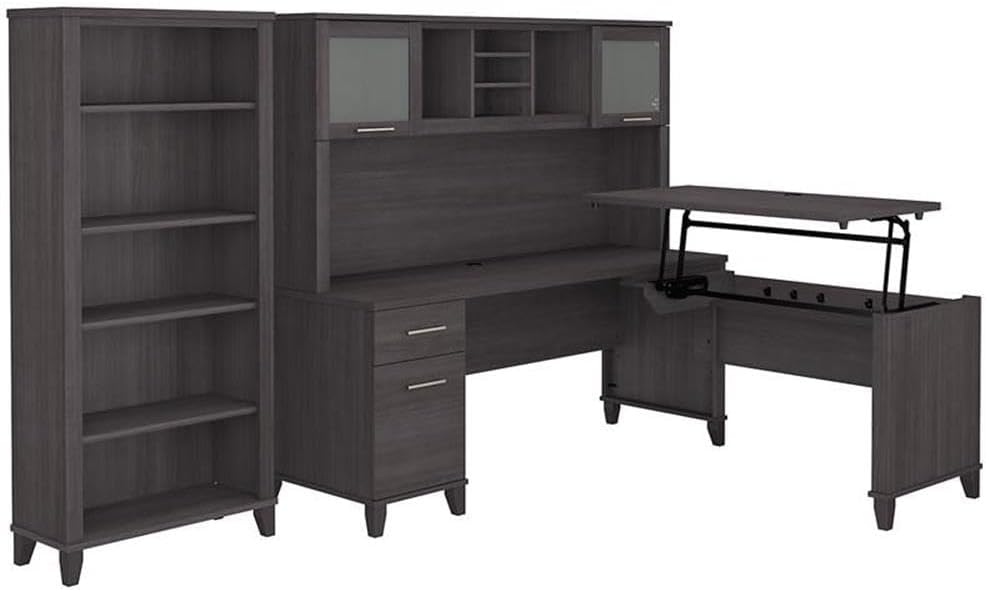 Bush Furniture Somerset 72W 3 Position Sit to Stand L Shaped Desk with Hutch and Bookcase in Storm Gray