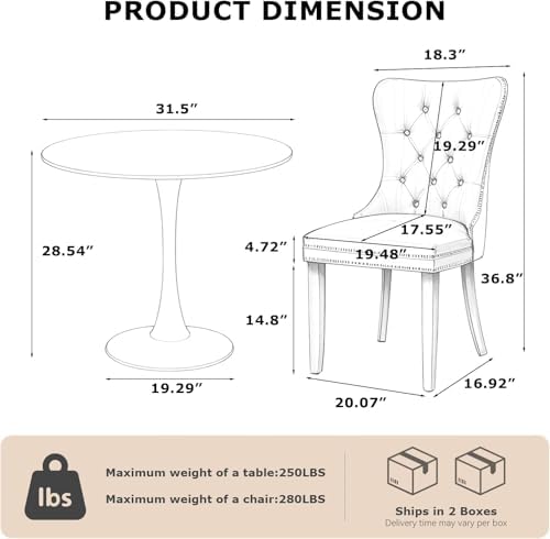 3-Pieces Dining Sets, 31.5" Round Dining Table Set with 2 Velvet Upholstered Dining Chairs,Wooden Legs Design for Kitchen Dining Room Apartment Small Space(1 Black Table with 2 Black&Wine Red Chairs)