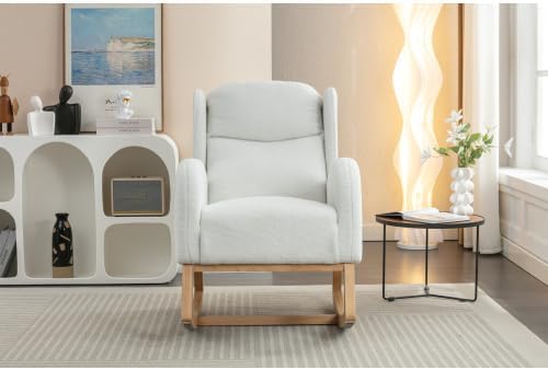 Ivory Teddy Rocking Chair for Nursery, Upholstered Glider Rocker with High Backrest, Comfy Accent Armchair with Wooden Legs for Living Room Bedroom