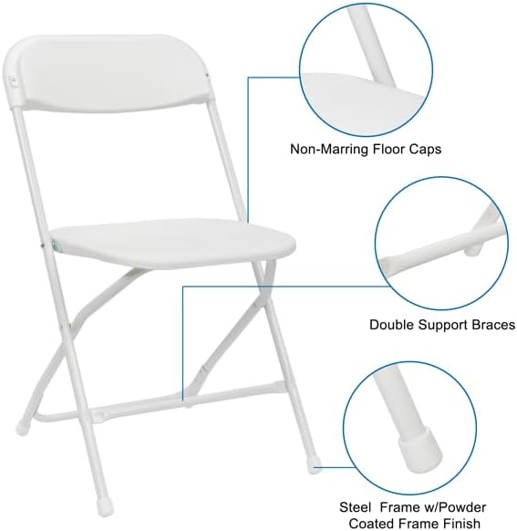 Plastic Folding Chairs, White, Steel Frame with Powder Coat Finish, 350 lb Capacity, Indoor/Outdoor, 4 Pack