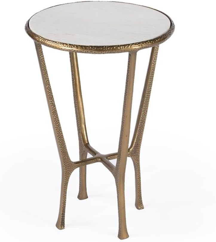 Beaumont Lane Transitional Side Table, 16" Round White Marble Top, Gold Aluminum Base with Hammered Detailing, Contemporary Accent Table for Living Room or Bedroom