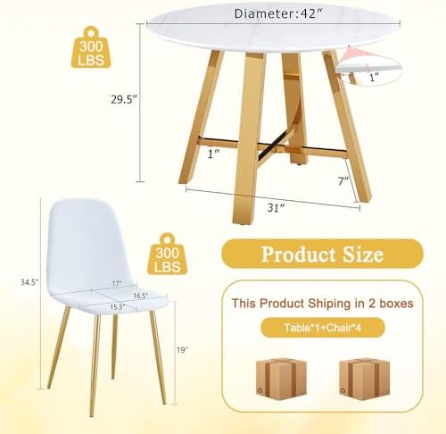 Round Dining Table Set for 4, Modern Kitchen Table and Chairs Set for 4 Marble Dining Set Reception Table Set Upholstered Chair for Dining Room (White-G501, 42 inch White Table Set)
