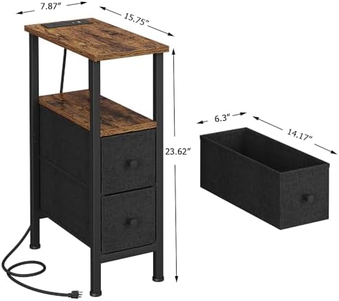 Narrow Side Table for Small Spaces, Skinny End Table with Charging Station, Sofa Beside Table with 2 Drawers 1 Open Compartment, Slim Nightstand with USB Ports Outlet, Rustic and Brown UTBT005FV2