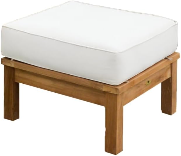 Alveare Home Alcove Outdoor Ottoman – Grade-A Teak Frame with All-Weather Sunproof Cushion, Stainless Steel Hardware, Classic Patio Seating or Footrest, White