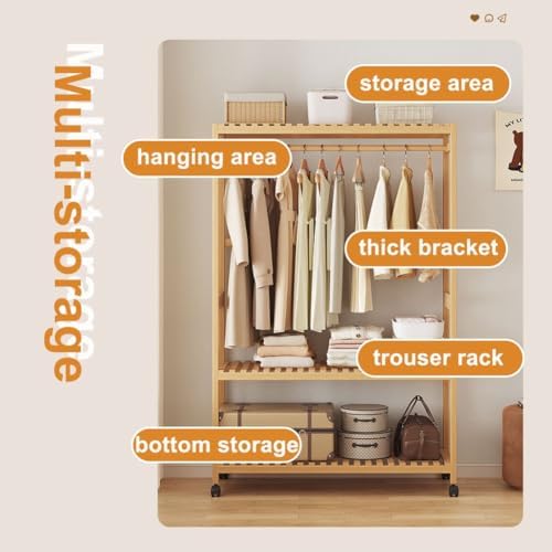Wooden Clothes Rack with Shelves, Free Standing Bamboo Wardrobe on Wheels, Open Wardrobes for Bedroom, Versatile Garment Rail, Stylish Storage Solution