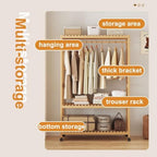 Wooden Clothes Rack with Shelves, Free Standing Bamboo Wardrobe on Wheels, Open Wardrobes for Bedroom, Versatile Garment Rail, Stylish Storage Solution