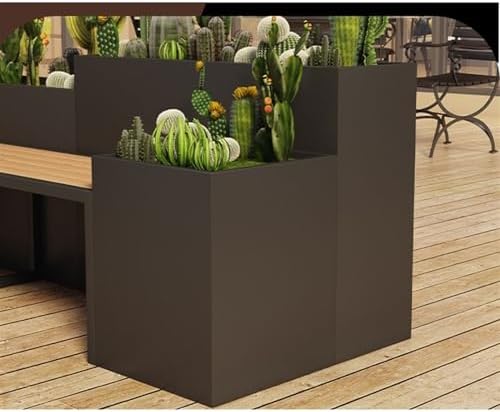 Black Metal Park Planter Bench with Raised Flower Box Seat for Outdoor Patio Garden Yard Lawn Balcony Durable Weather Resistant Steel Wood Seating Set for Backyard Relaxation Large Size
