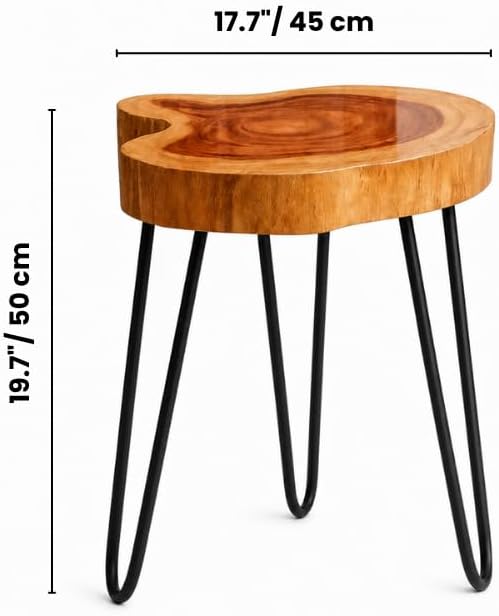 Live Edge Round Wood End Table – Solid Wood Side Table with Mid-Century Hairpin Legs – Unique Handmade Nightstand, Plant Stand for Bedroom, Living Room & Studio Decor