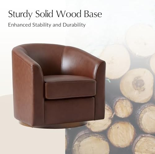 HULALA HOME Genuine Leather Swivel Barrel Chair with Solid Wood Base, Brown | Transitional Round Swivel Accent Chair with Flared Armrests, No Assembly Required, for Living Room Bedroom Reading Relaxation