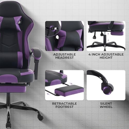 Gaming Desk Chair for Adults, Ergonomic Gaming Chair with Footrest & Headrest and Lumbar Support, Leather Material Height Adjustable Computer Video Game Chairs (Purple+Black)