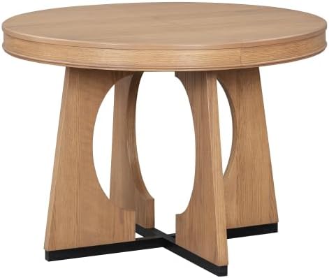 Bellemave Extendable Dining Table Set with 4 Upholstered Chairs, 5-Piece Round Kitchen Table Set with Removable Middle Leaf for Kitchen, Dining Room (Natural)