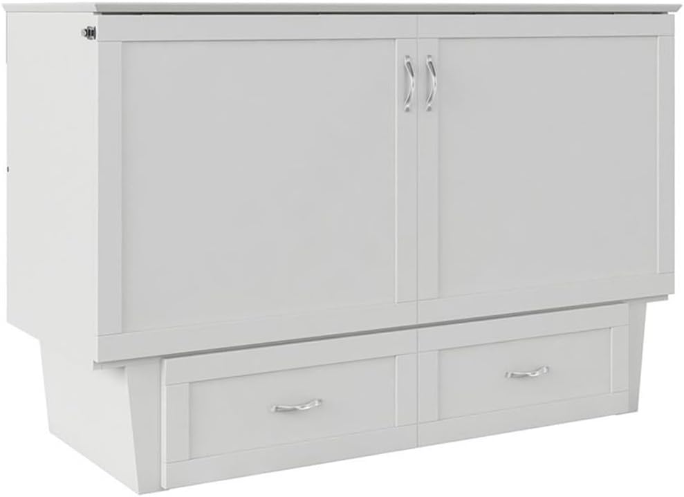 Atlin Designs Modern Queen Murphy Bed Chest, Solid Wood Construction, White Finish with Storage Drawer, Memory Foam Mattress, USB Charging Ports, Space-Saving Bedroom Furniture