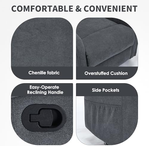 Trustyue Swivel Rocker Recliner Chair, 360° Swivel Recliner with Heat and Massage, Rocker Recliner Nursery Glider Chair with Side Pockets for Living Room (Grey, Fabric)