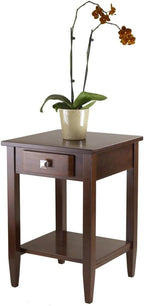 Furnifact End Table with Drawer, Tapered Legs, Lower Shelf, Solid Wood Frame, Walnut Finish, Living Room Storage