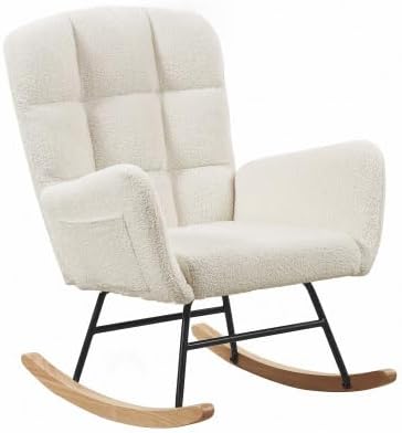 Teddy Rocking Chair, Upholstered Nursery Glider with High Back, Comfy Accent Armchair for Living Room Bedroom, Metal Frame & Solid Wood Legs, 250Lbs Capacity, Cream White