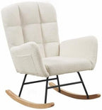 White Teddy Upholstered Glider Rocker, Nursery Rocking Chair with Footrest, Soft High Back Accent Armchair for Bedroom Living Space, Sturdy Iron Frame & Wood Legs, 250Lbs