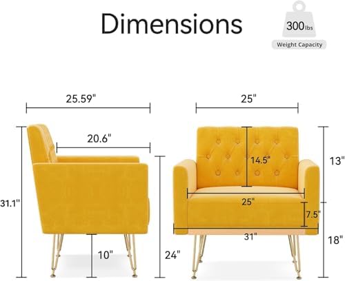 Olela Velvet Accent Chair with Arm for Living Room,Modern Armchair Single Sofa Cozy Tufted Upholstered Reading Side Chairs with Gold Metal Leg for Bedroom Decorate(1, Mustard Yellow)