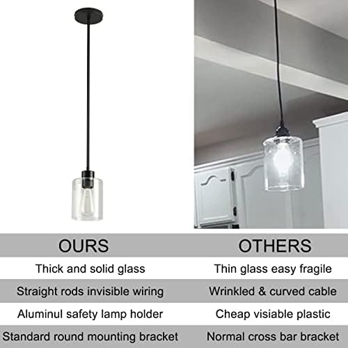 3 Pack Black Pendant Lights Kitchen Island, Modern Industrial Matte Black Hanging Light Fixtures, Adjustable Downrod Farmhouse Glass Pendant Lighting for Dining Room Bedroom Hallway Entryway