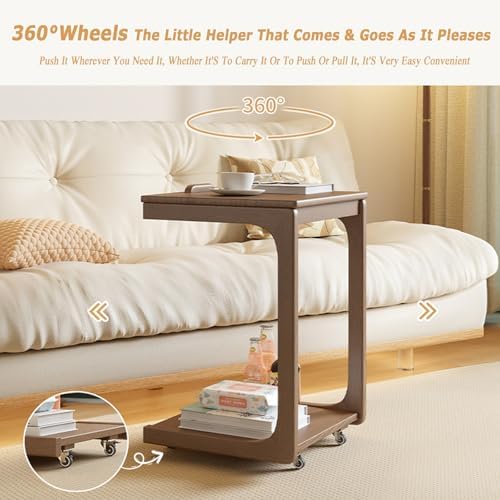 Adjustable Solid Wood TV Tray Table with Wheels - Removable Side Tables for Couch, Ideal for Living Rooms, Bedrooms & Small Spaces - Versatile Folding Snack Table