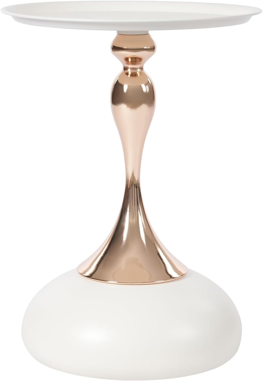 Small Round Side Table, 21.7" H Pedestal Metal End Table for Small Spaces Modern Simple Drink Table White Gold Martini Table for Living Room Bedroom (White)