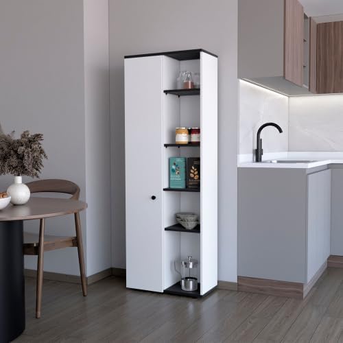 67" H Pantry Cabinet with Door & Open Shelves,Kitchen Food Storage Cabinets Cupboard Credenza Bufffet Cabinet for Kitchen, Dining Room, Living Room,White+Black
