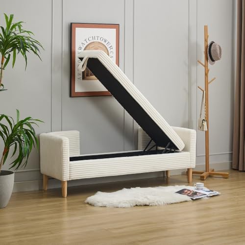 Corduroy Storage Soft Bench - Armrests, Backrest & 2 Bolster Pillows for Living Room Entryway Bedroom (65.35", Ivory)
