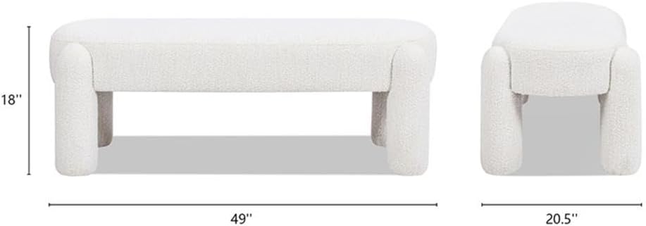 Pemberly Row 49" Oval Fully Upholstered Bench, Milk Cream White Boucle, Eucalyptus Wood Frame, Contemporary Rounded Dowel Legs, Textured Seat for Living Room, Bedroom, or Kids Room