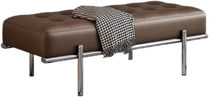 Modern Bed End Stool Light Luxury Shoe-Changing Bench Stainless Steel Long Leather Minimalist Bedside Entryway(Brown,Medium)
