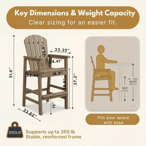 WILLIAMSPACE Patio Bar Chair Bar Stool, Outdoor All Weather HDPE Height Adirondack Chair with Armrests & Cup Holder, 1-Piece Counter Height Chair for Pool, Garden, Kitchen, ONLY 1 Chair (Brown)