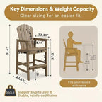 WILLIAMSPACE Patio Bar Chair Bar Stool, Outdoor All Weather HDPE Height Adirondack Chair with Armrests & Cup Holder, 1-Piece Counter Height Chair for Pool, Garden, Kitchen, ONLY 1 Chair (Brown)
