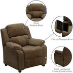 Flash Furniture Charlie Microfiber Kids Recliner with Flip-Up Storage Arms and Safety Recline, Contemporary Reclining Chair for Kids, Supports up to 90 lbs., Brown