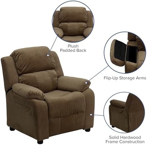 Flash Furniture Charlie Microfiber Kids Recliner with Flip-Up Storage Arms and Safety Recline, Contemporary Reclining Chair for Kids, Supports up to 90 lbs., Brown